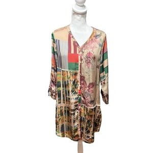 John Mark Multi Print Silky Colorful Folkloric Neutrals Shirt Tunic S $129